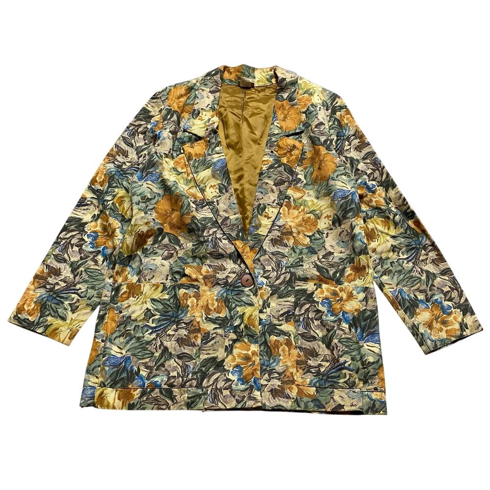 French Navy Size 10 Medium Fall Floral Blazer Jacket With Pockets Vintage